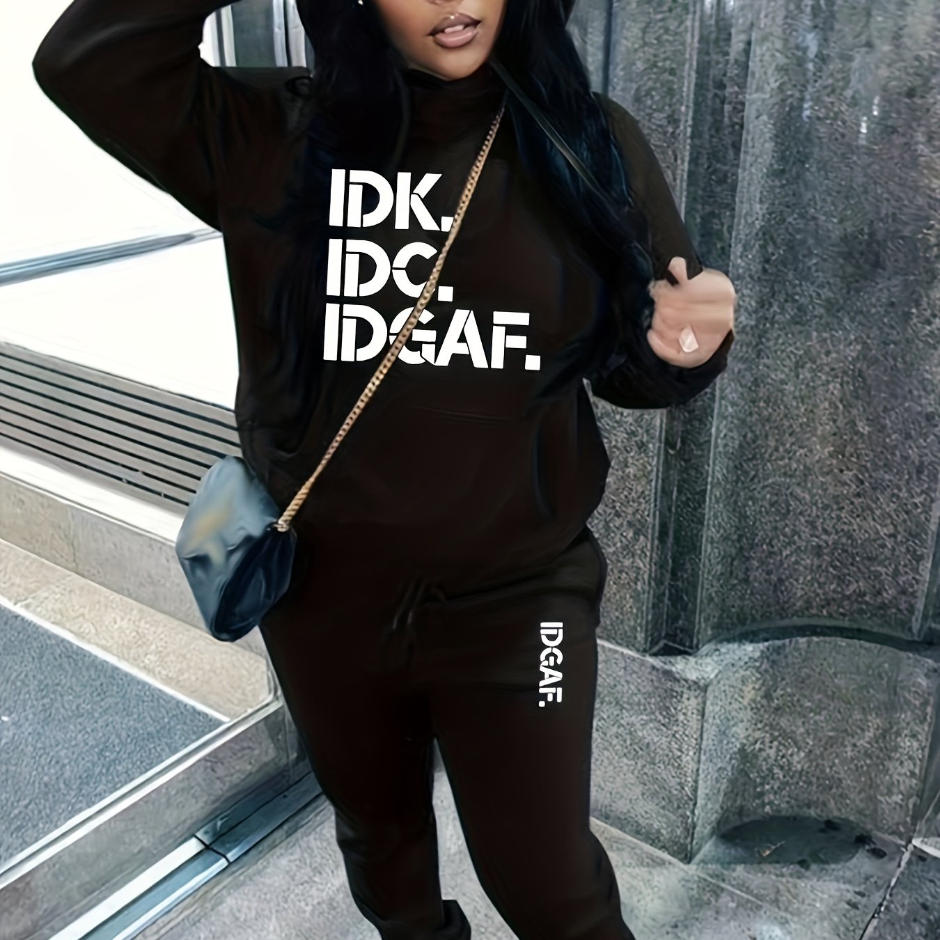 Letter Print Casual Two-piece Set, Drawstring Long Sleeve Hoodies & Workout Jogger Pants Outfits, Women's Clothing