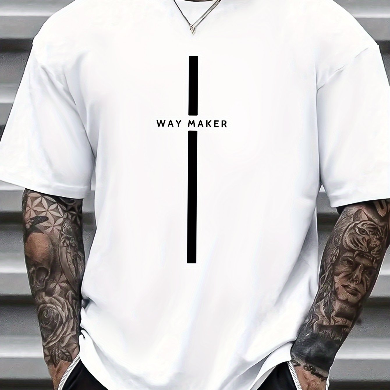 Men's Way Maker Print Short Sleeve T-Shirts, Comfy Casual Elastic Crew Neck Tops For Men's Outdoor Activities