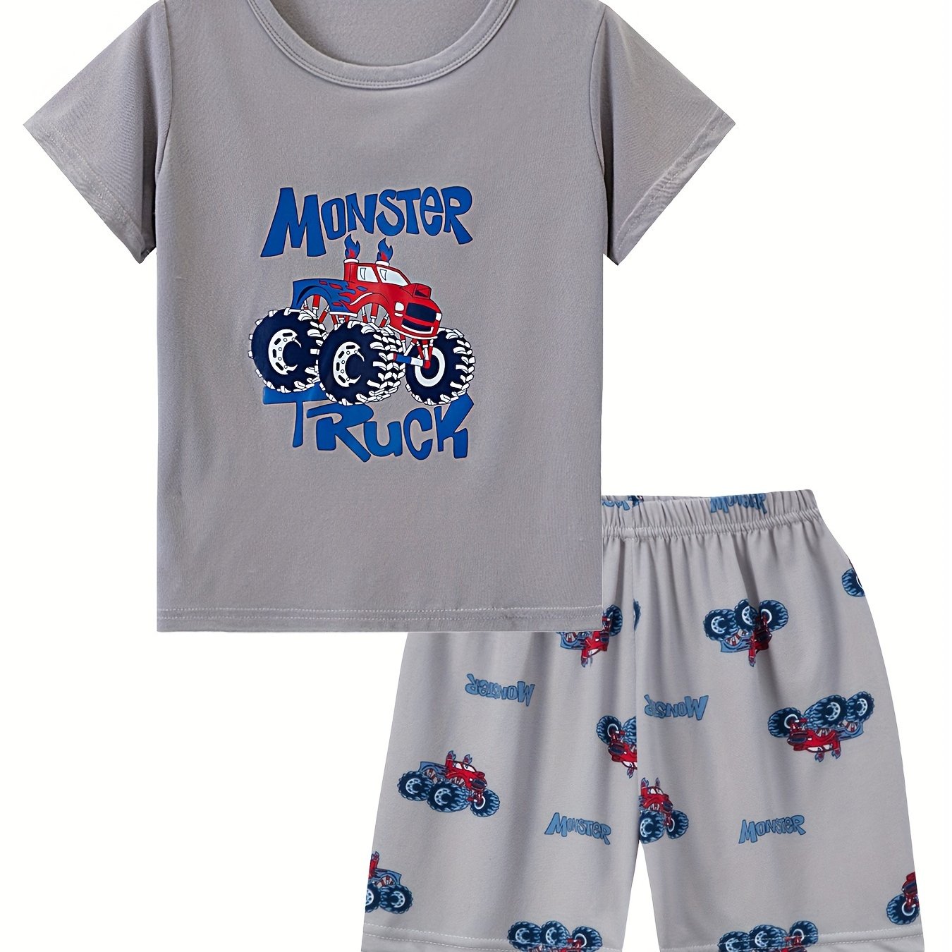 2 Pcs Boys Cute Pajama Sets, Allover Off-road Vehicle Print Short Sleeve T-Shirts & Shorts, Comfortable & Cute Style Pajamas For Boys Cozy Loungewear
