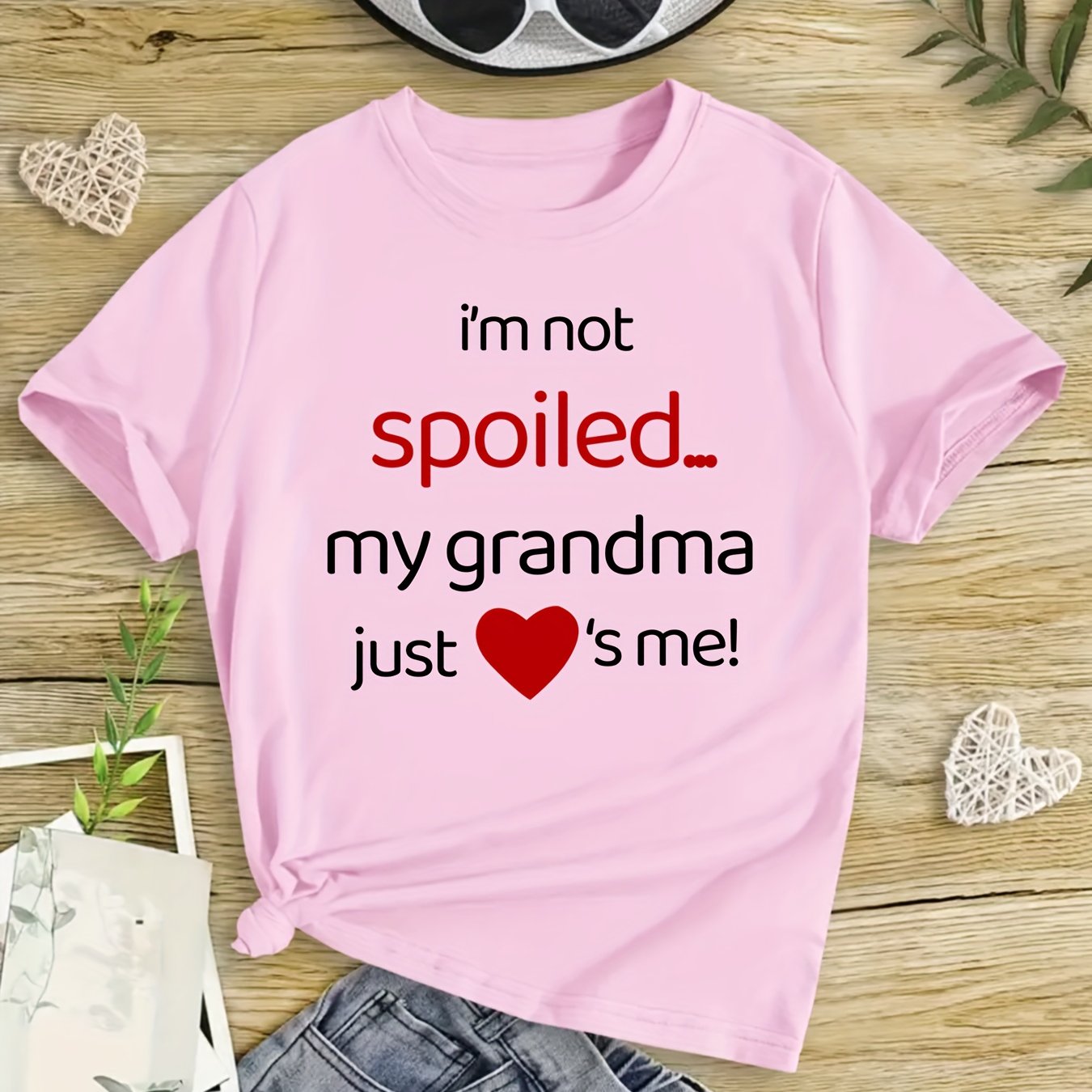 "My Grandma Just Loves Me" Girls' Positioning Printed T-shirts, Classic Crew Neck Short Sleeve T-Shirts, Comfortable & Stylish Tops For Summer, Spring & Fall, Kid T-shirt For Casual Everyday Wear, Ideal Gift For Girls