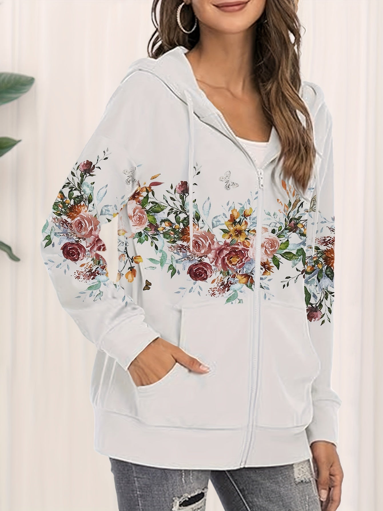 Floral Print Kangaroo Pocket Hoodie, Casual Long Sleeve Zip Up Drawstring Hoodies Sweatshirt, Women's Clothing
