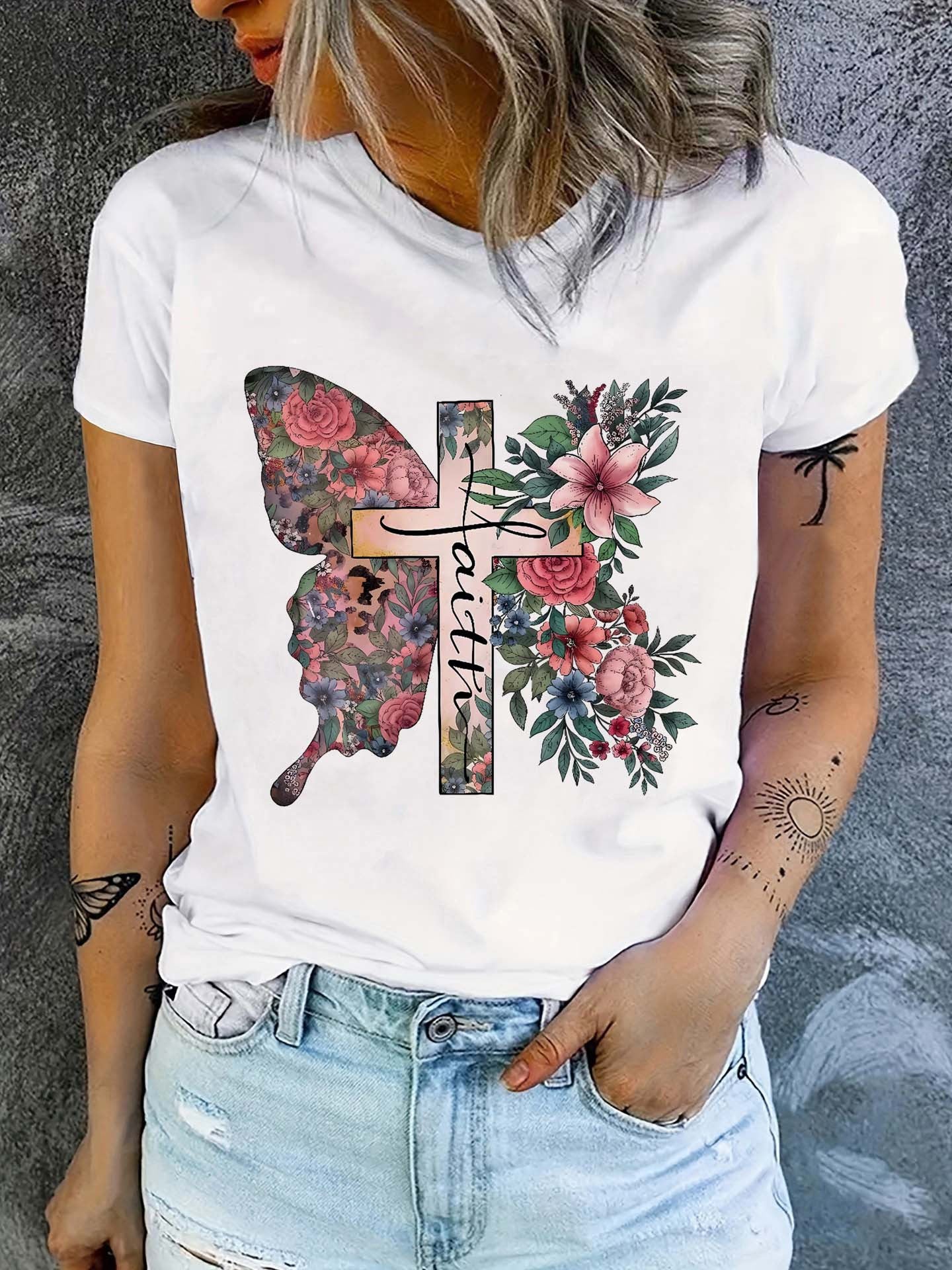 Butterfly & Cross Print Short Sleeve T-shirts, Crew Neck Casual Top For Summer & Spring, Women's Clothing