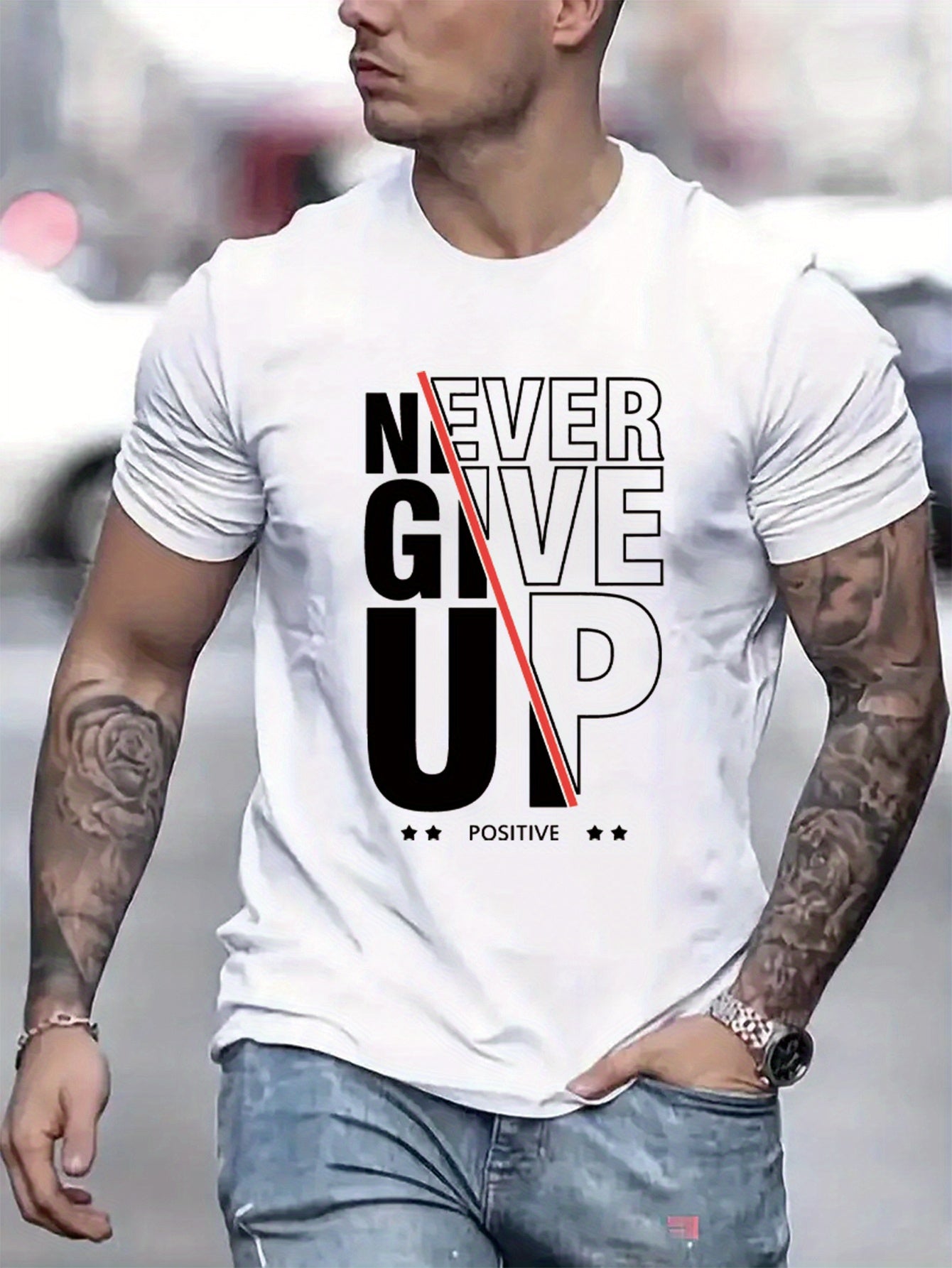 Comfy Casual Never Give Up Print Men's Short Sleeve T-Shirts - Elastic Crew Neck Tops For Outdoor Activities