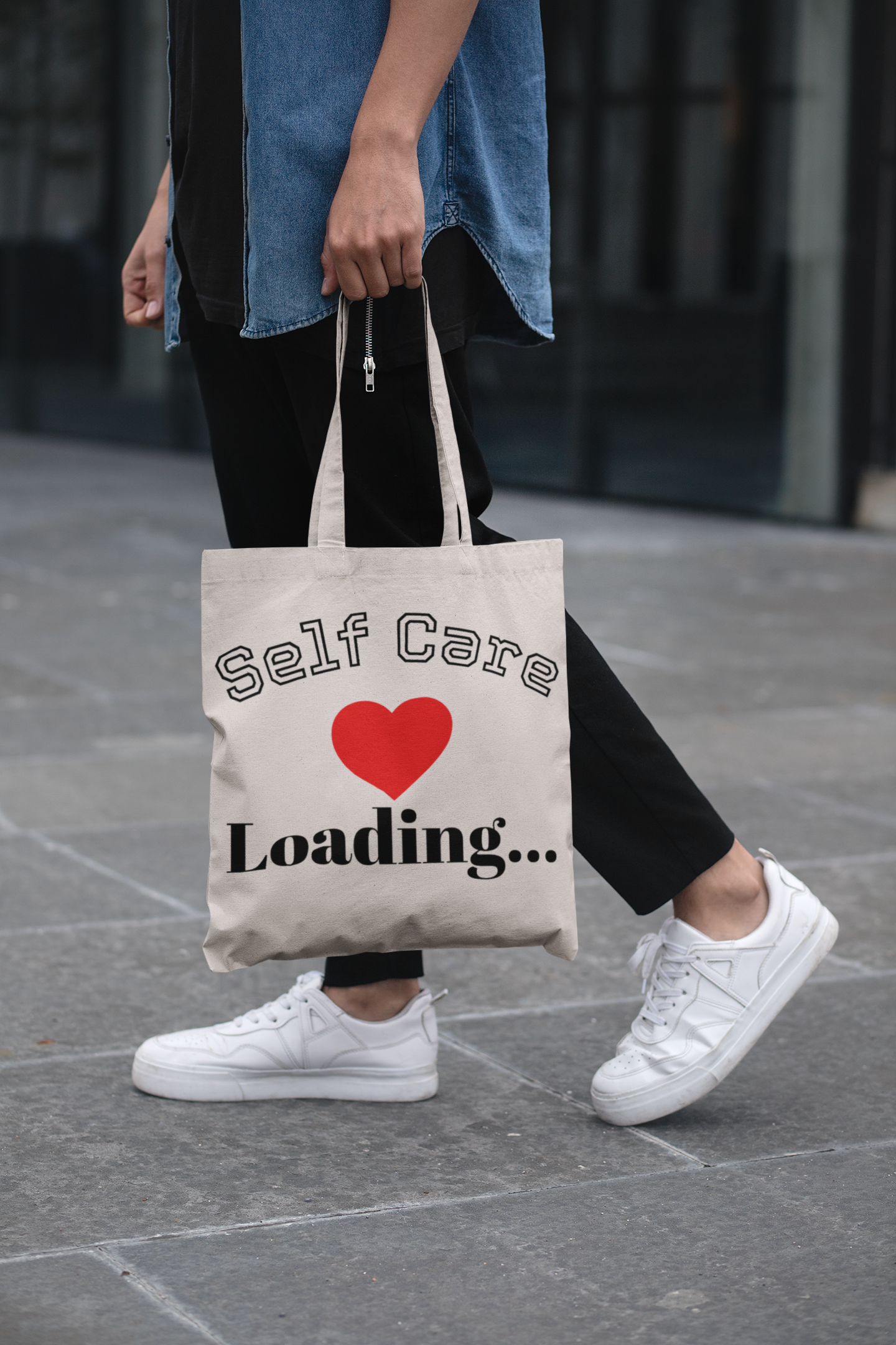 Self Care Loading Love Canvas Tote Bag - Charming Eco-Friendly Shopper for Self-Care Enthusiasts