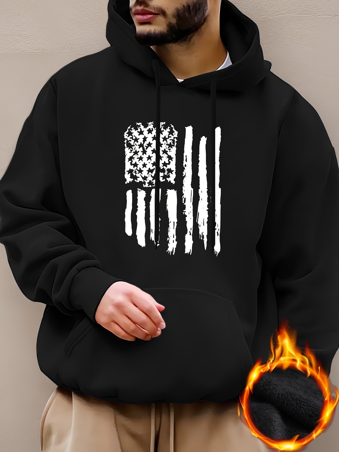 Hoodies Street Casual Sports And Fashionable With Kangaroo Pocket Men's Long Sleeve American Flag Print Sweatshirt, Suitable For Outdoor Sports, For Autumn And Winter, Fashionable And Versatile, Can Be Paired With Hip-hop Nec