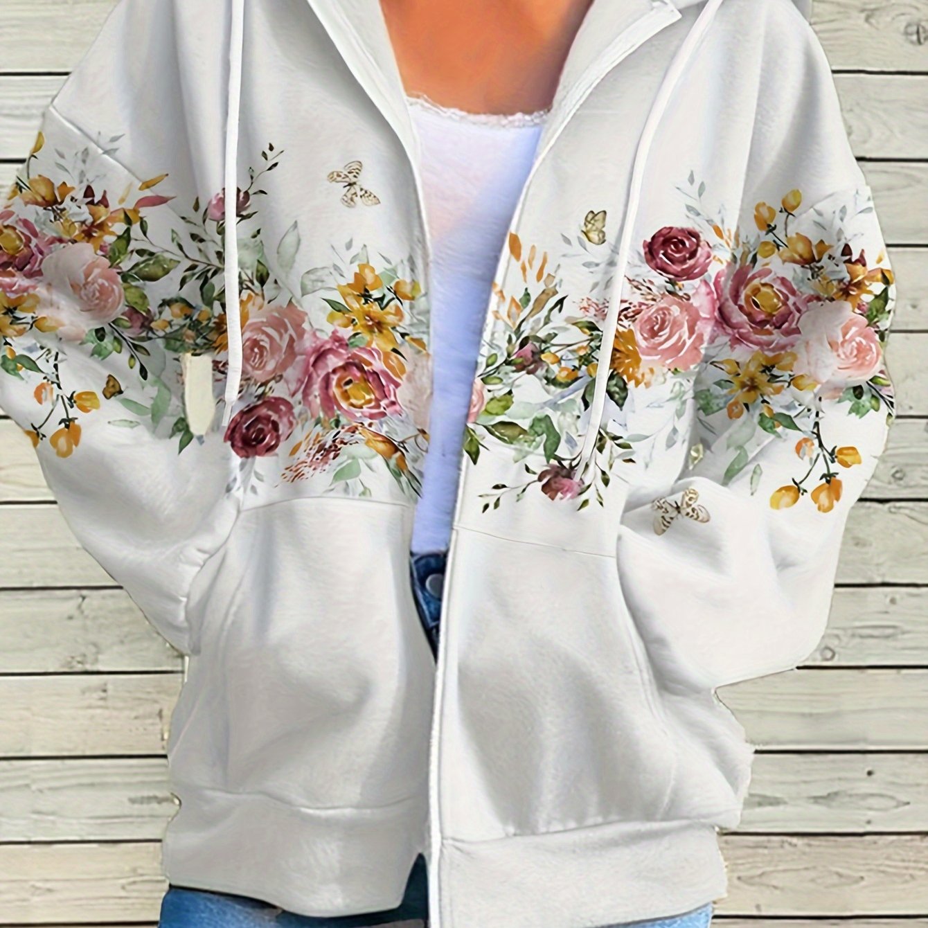 Floral Print Kangaroo Pocket Hoodie, Casual Long Sleeve Zip Up Drawstring Hoodies Sweatshirt, Women's Clothing