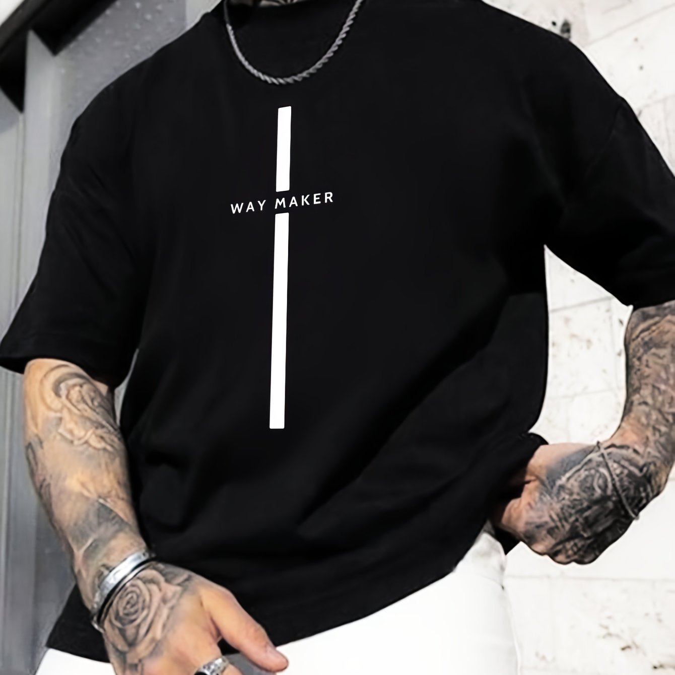 Men's Way Maker Print Short Sleeve T-Shirts, Comfy Casual Elastic Crew Neck Tops For Men's Outdoor Activities