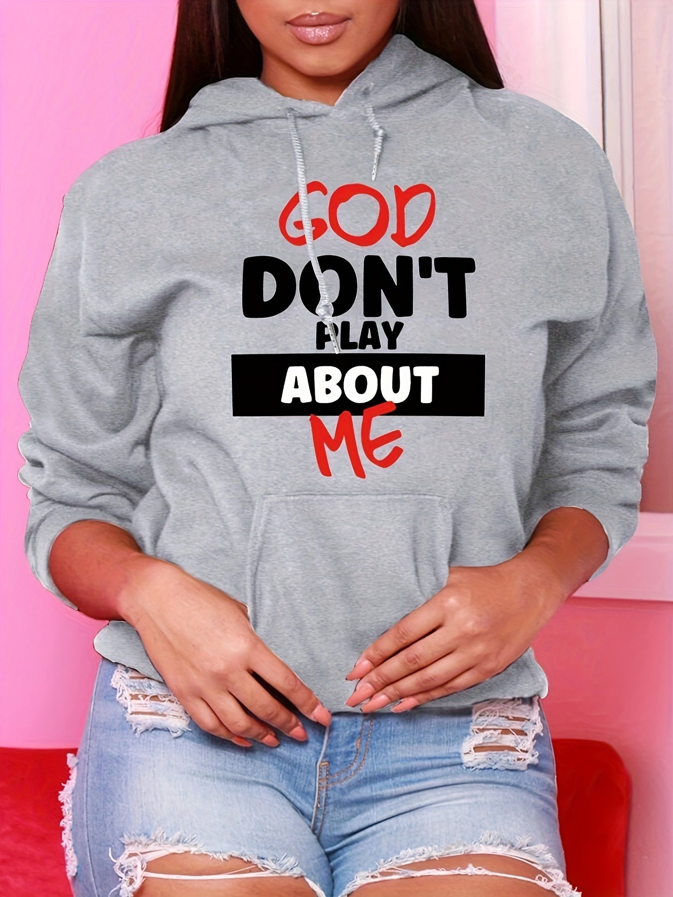 Letter Print Kangaroo Pocket Hoodie, Casual Long Sleeve Drawstring Hoodies Sweatshirt, Women's Clothing