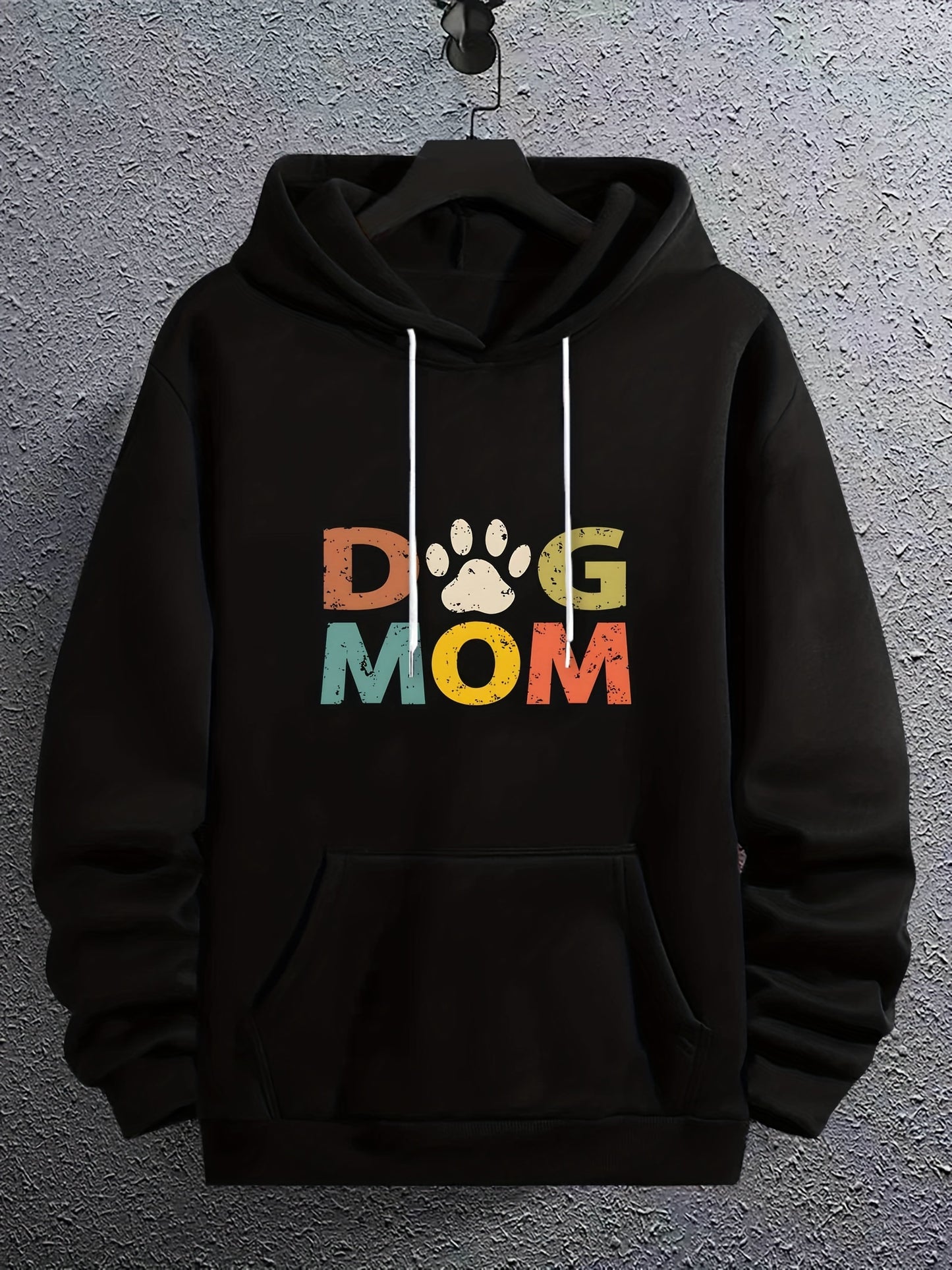 Long Sleeve Men's Letter"DOG MOM" Print, Hoodies Street Casual Sports And Fashionable With Kangaroo Pocket Sweatshirt, Suitable For Outdoor Sports, For Autumn And Winter, Fashionable And Warm