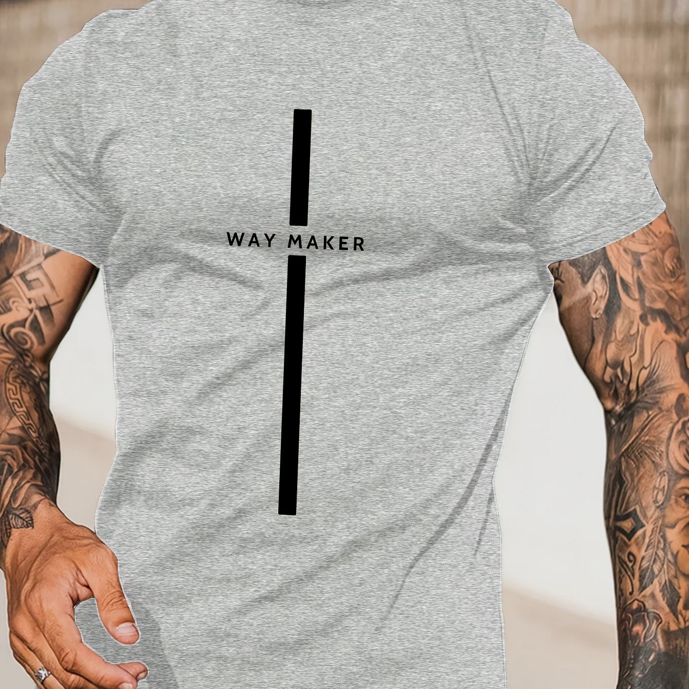 Men's Way Maker Print Short Sleeve T-Shirts, Comfy Casual Elastic Crew Neck Tops For Men's Outdoor Activities