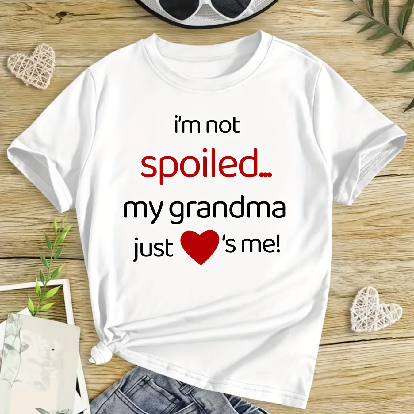"My Grandma Just Loves Me" Girls' Positioning Printed T-shirts, Classic Crew Neck Short Sleeve T-Shirts, Comfortable & Stylish Tops For Summer, Spring & Fall, Kid T-shirt For Casual Everyday Wear, Ideal Gift For Girls