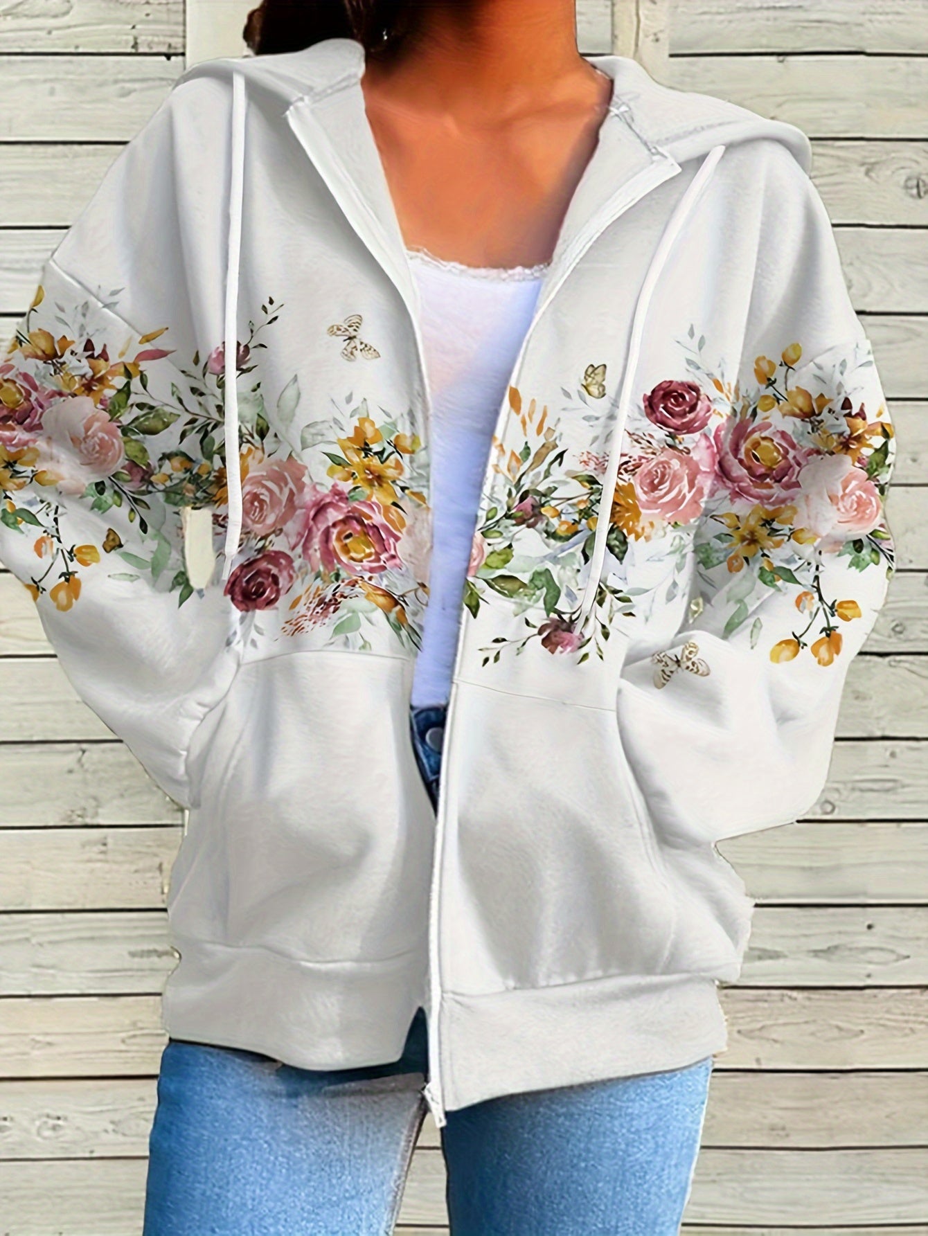 Floral Print Kangaroo Pocket Hoodie, Casual Long Sleeve Zip Up Drawstring Hoodies Sweatshirt, Women's Clothing