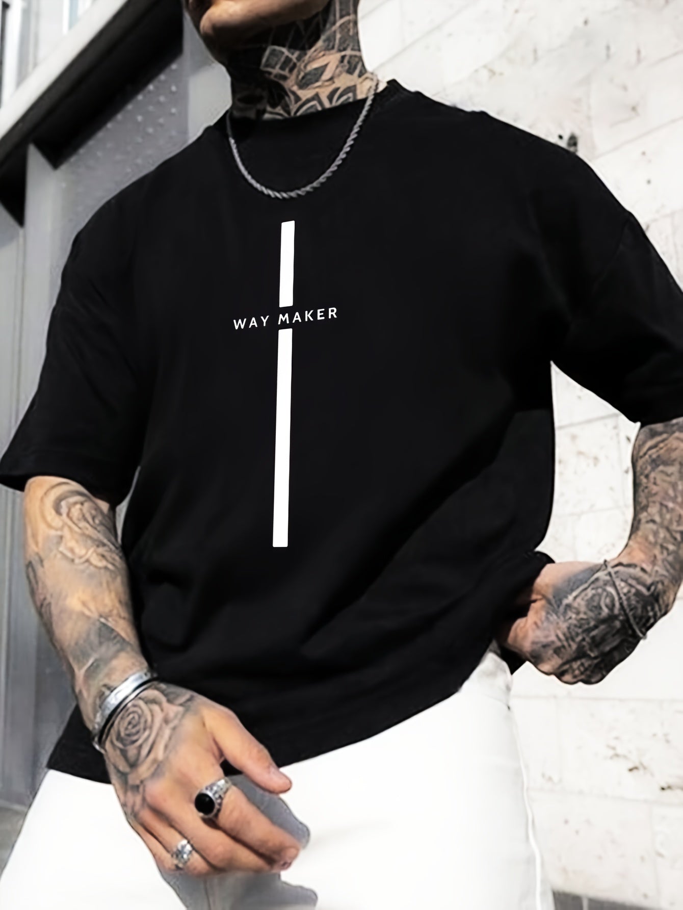 Men's Way Maker Print Short Sleeve T-Shirts, Comfy Casual Elastic Crew Neck Tops For Men's Outdoor Activities