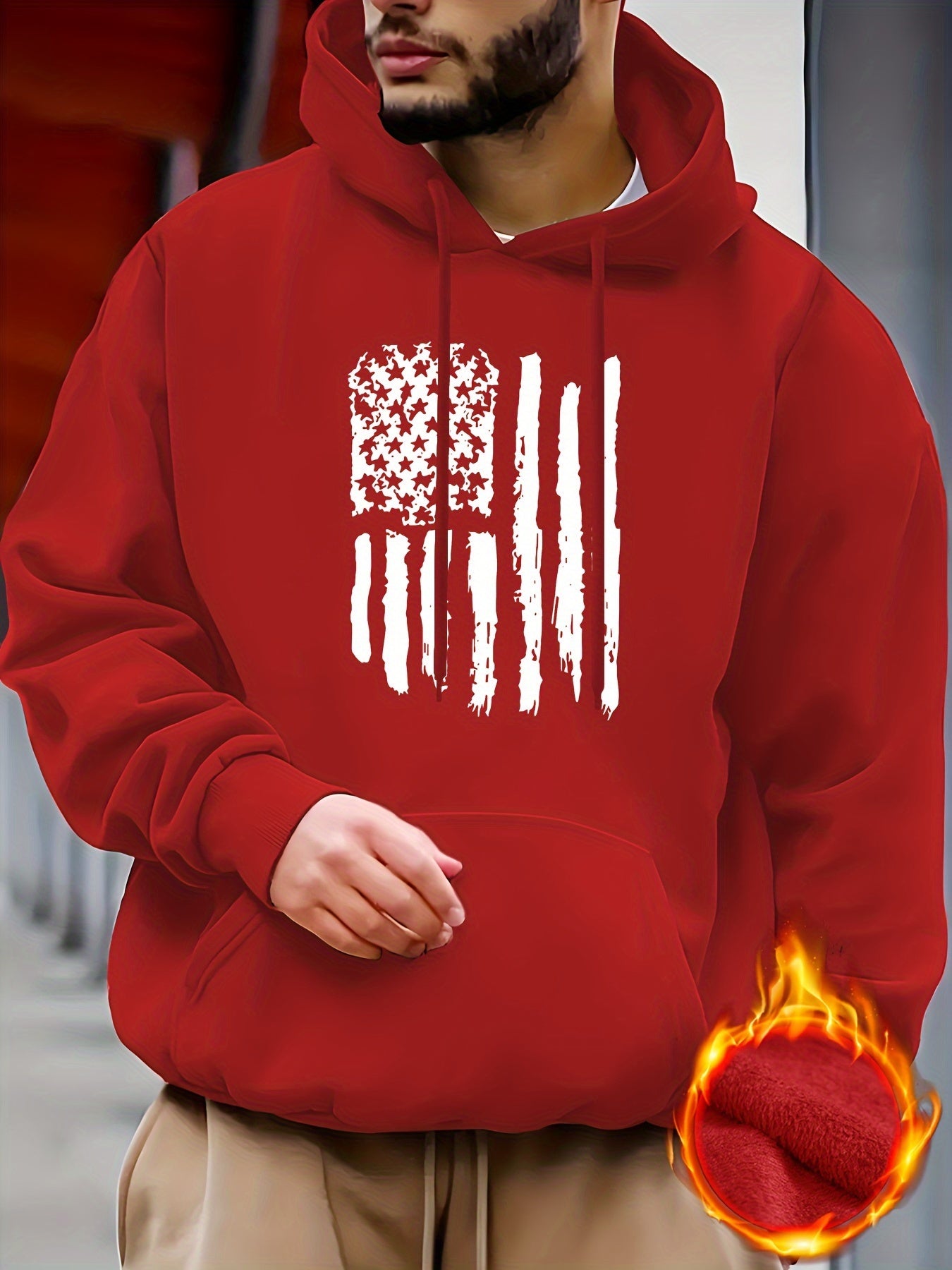 Hoodies Street Casual Sports And Fashionable With Kangaroo Pocket Men's Long Sleeve American Flag Print Sweatshirt, Suitable For Outdoor Sports, For Autumn And Winter, Fashionable And Versatile, Can Be Paired With Hip-hop Nec