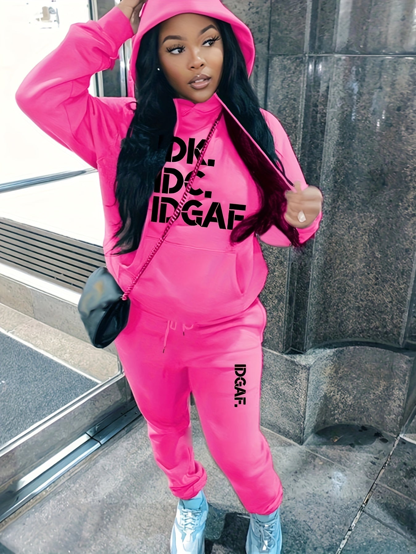 Letter Print Casual Two-piece Set, Drawstring Long Sleeve Hoodies & Workout Jogger Pants Outfits, Women's Clothing