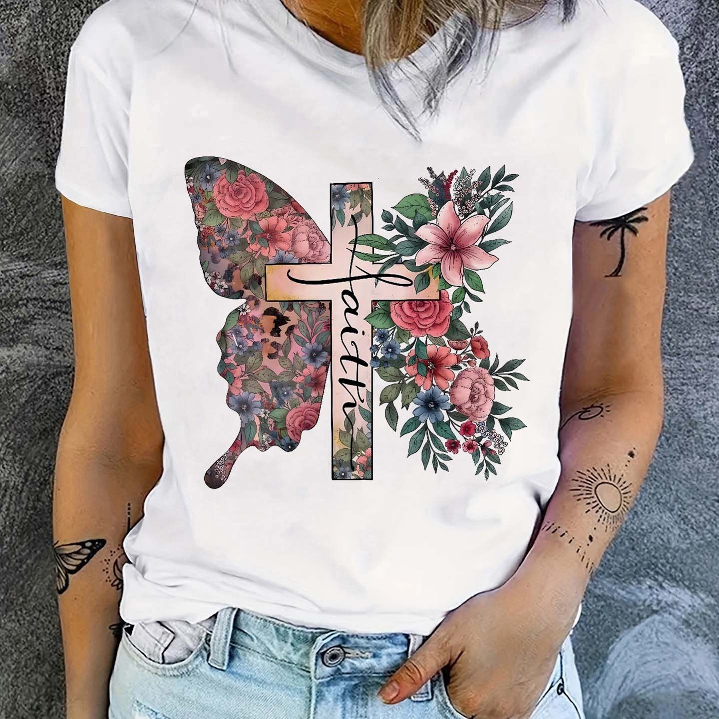 Butterfly & Cross Print Short Sleeve T-shirts, Crew Neck Casual Top For Summer & Spring, Women's Clothing