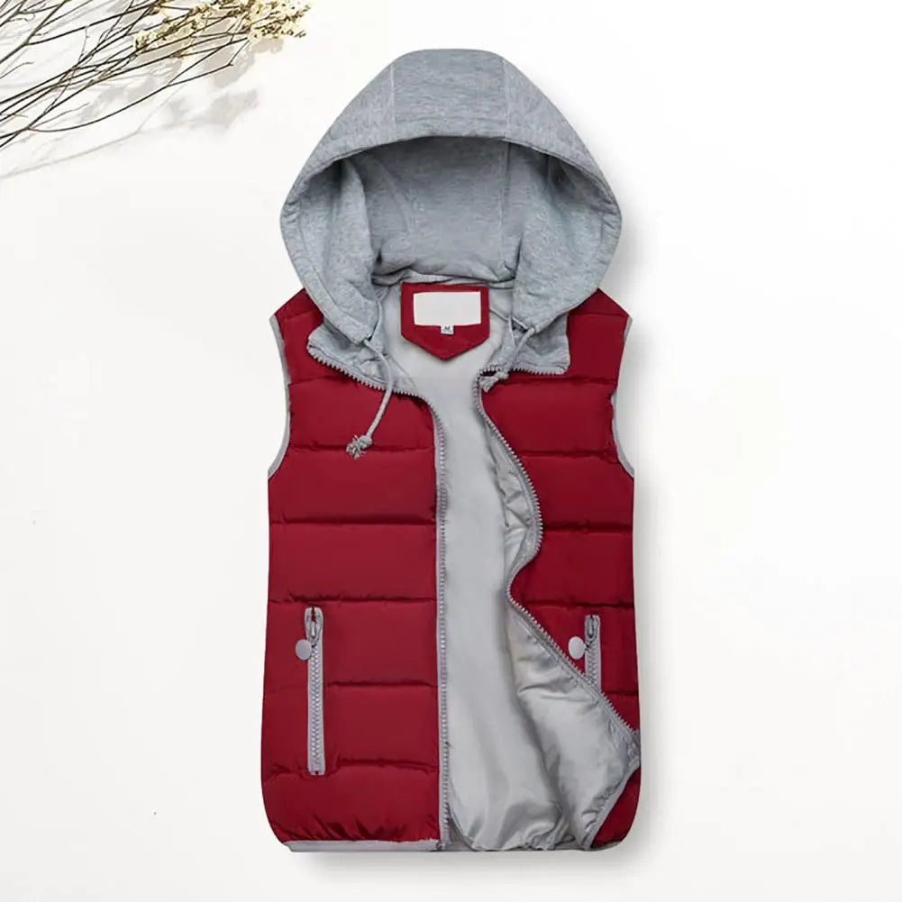 Hooded Women Down Vest Women Winter Vest Coat Hooded Drawstring Sleeveless Cotton Padded Thick Waterproof Windproof Waistcoat