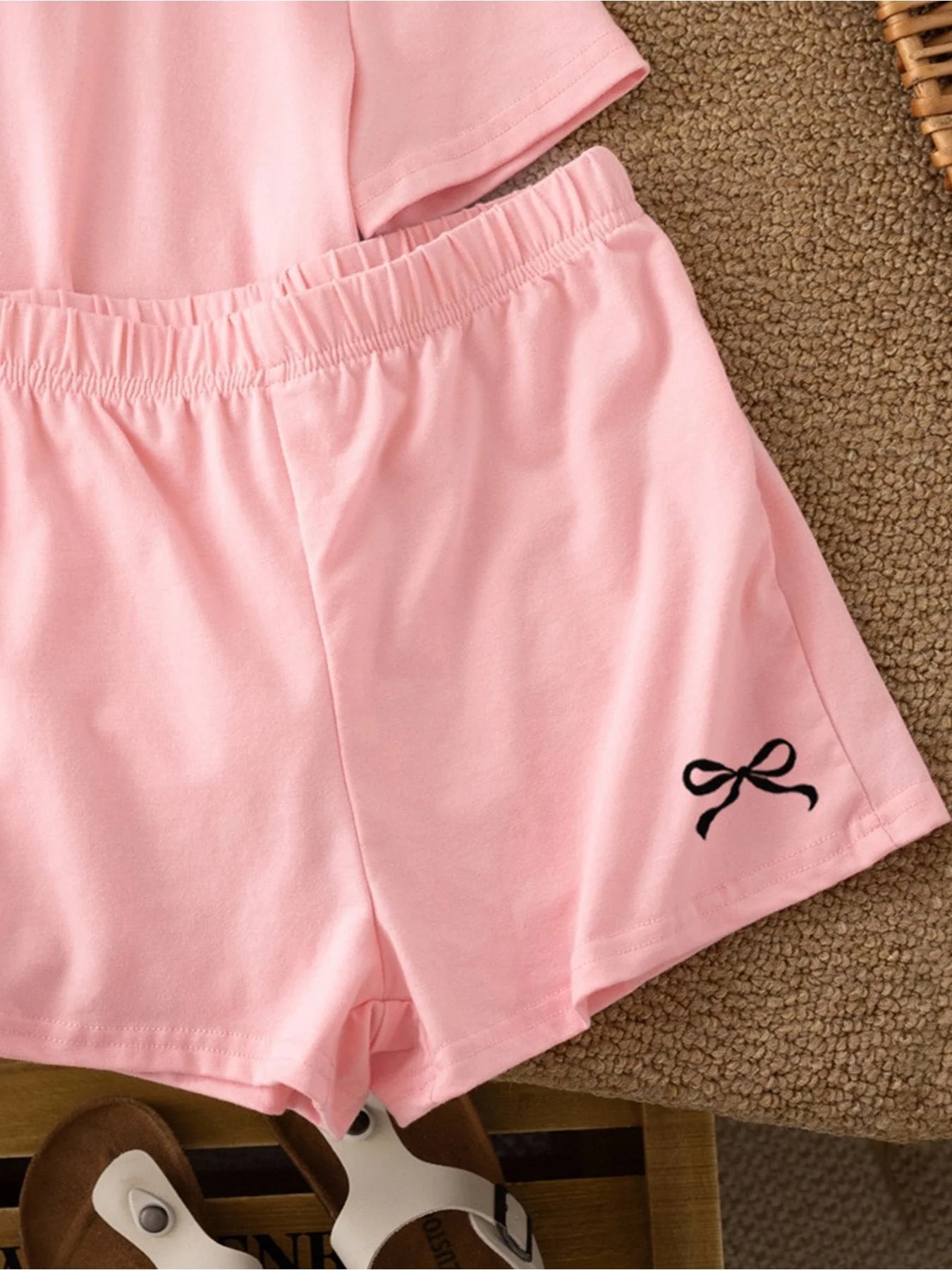 Casual Children's Clothing Set Solid Color Printed round Neck Short Sleeve Top with Wide Leg Shorts Pants for Kids