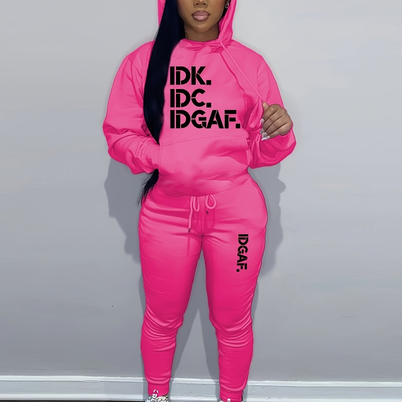 Letter Print Casual Two-piece Set, Drawstring Long Sleeve Hoodies & Workout Jogger Pants Outfits, Women's Clothing