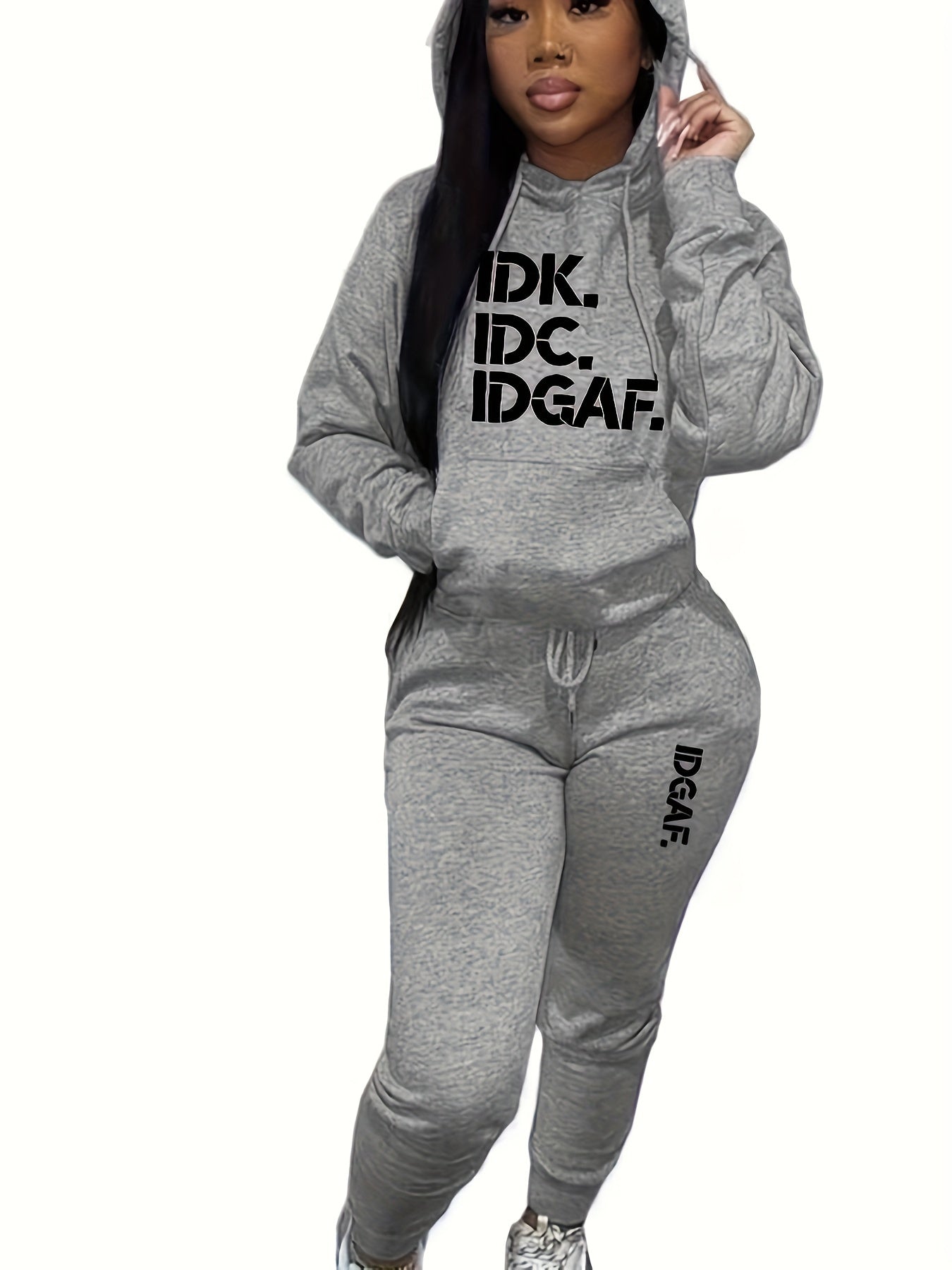 Letter Print Casual Two-piece Set, Drawstring Long Sleeve Hoodies & Workout Jogger Pants Outfits, Women's Clothing