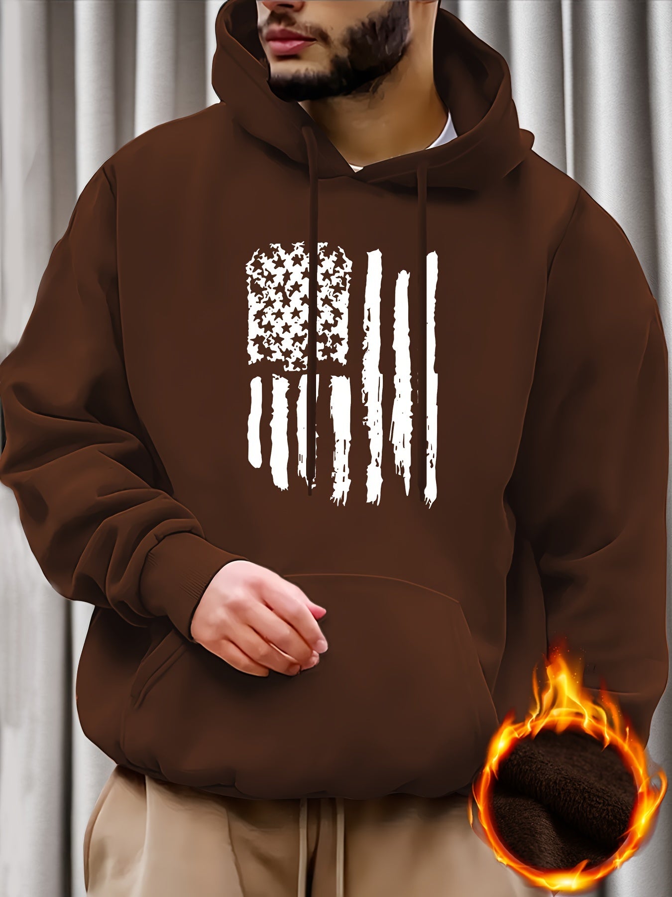 Hoodies Street Casual Sports And Fashionable With Kangaroo Pocket Men's Long Sleeve American Flag Print Sweatshirt, Suitable For Outdoor Sports, For Autumn And Winter, Fashionable And Versatile, Can Be Paired With Hip-hop Nec