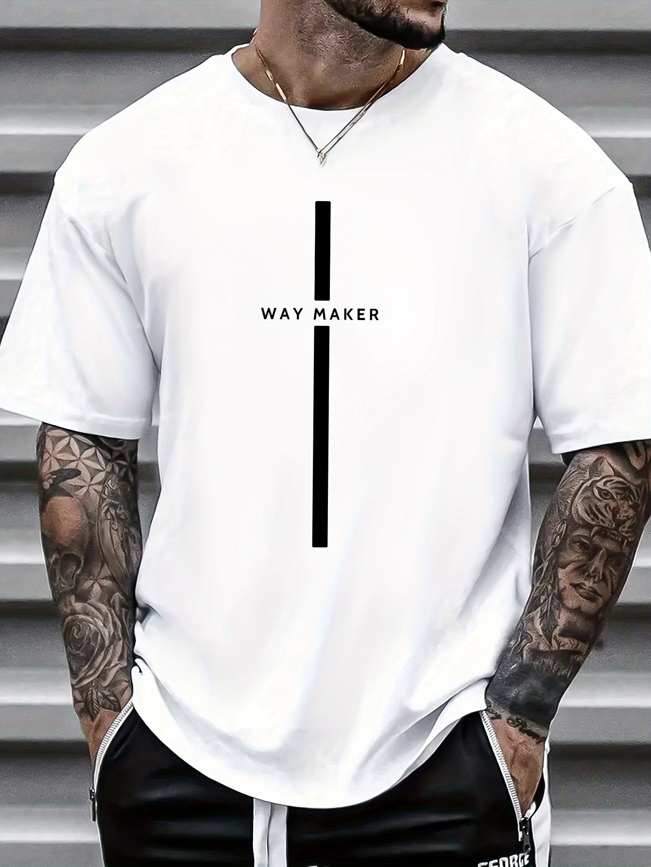 Men's Way Maker Print Short Sleeve T-Shirts, Comfy Casual Elastic Crew Neck Tops For Men's Outdoor Activities