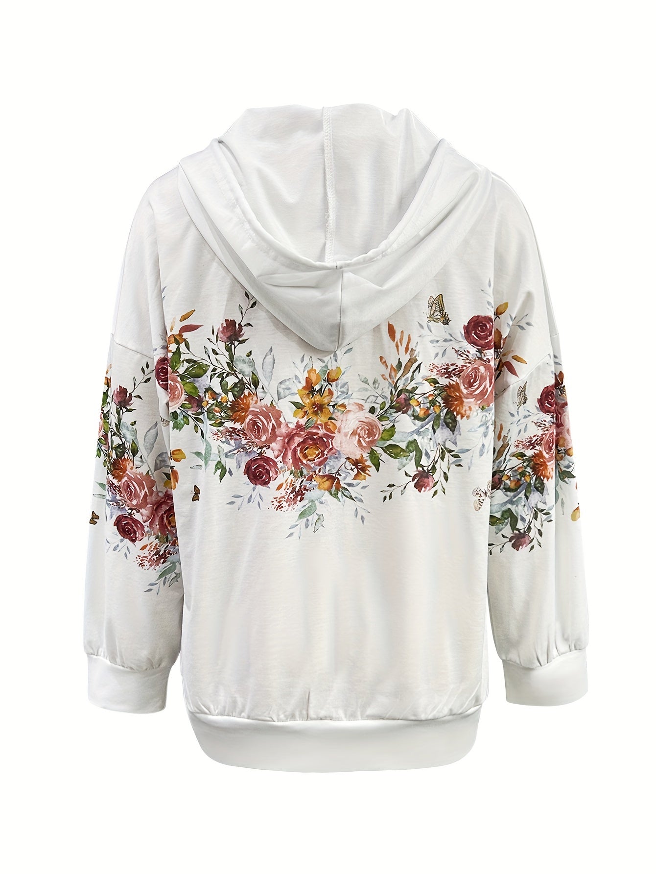 Floral Print Kangaroo Pocket Hoodie, Casual Long Sleeve Zip Up Drawstring Hoodies Sweatshirt, Women's Clothing