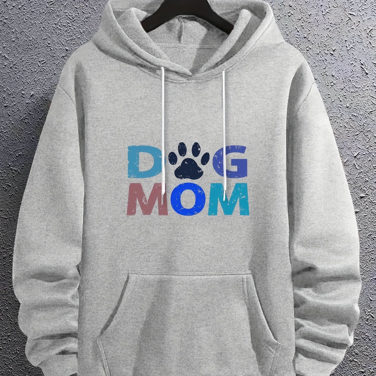 Long Sleeve Men's Letter"DOG MOM" Print, Hoodies Street Casual Sports And Fashionable With Kangaroo Pocket Sweatshirt, Suitable For Outdoor Sports, For Autumn And Winter, Fashionable And Warm