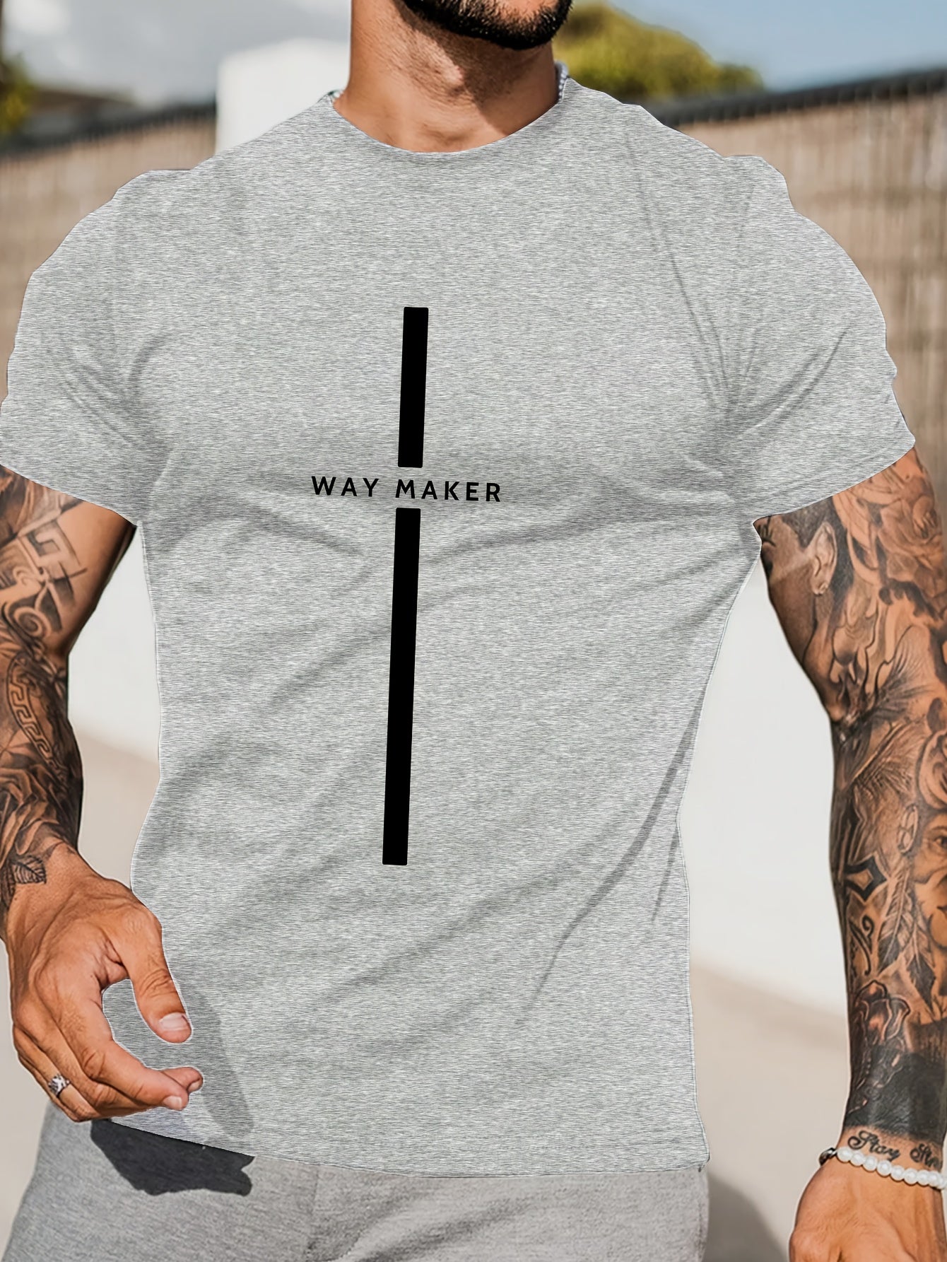 Men's Way Maker Print Short Sleeve T-Shirts, Comfy Casual Elastic Crew Neck Tops For Men's Outdoor Activities
