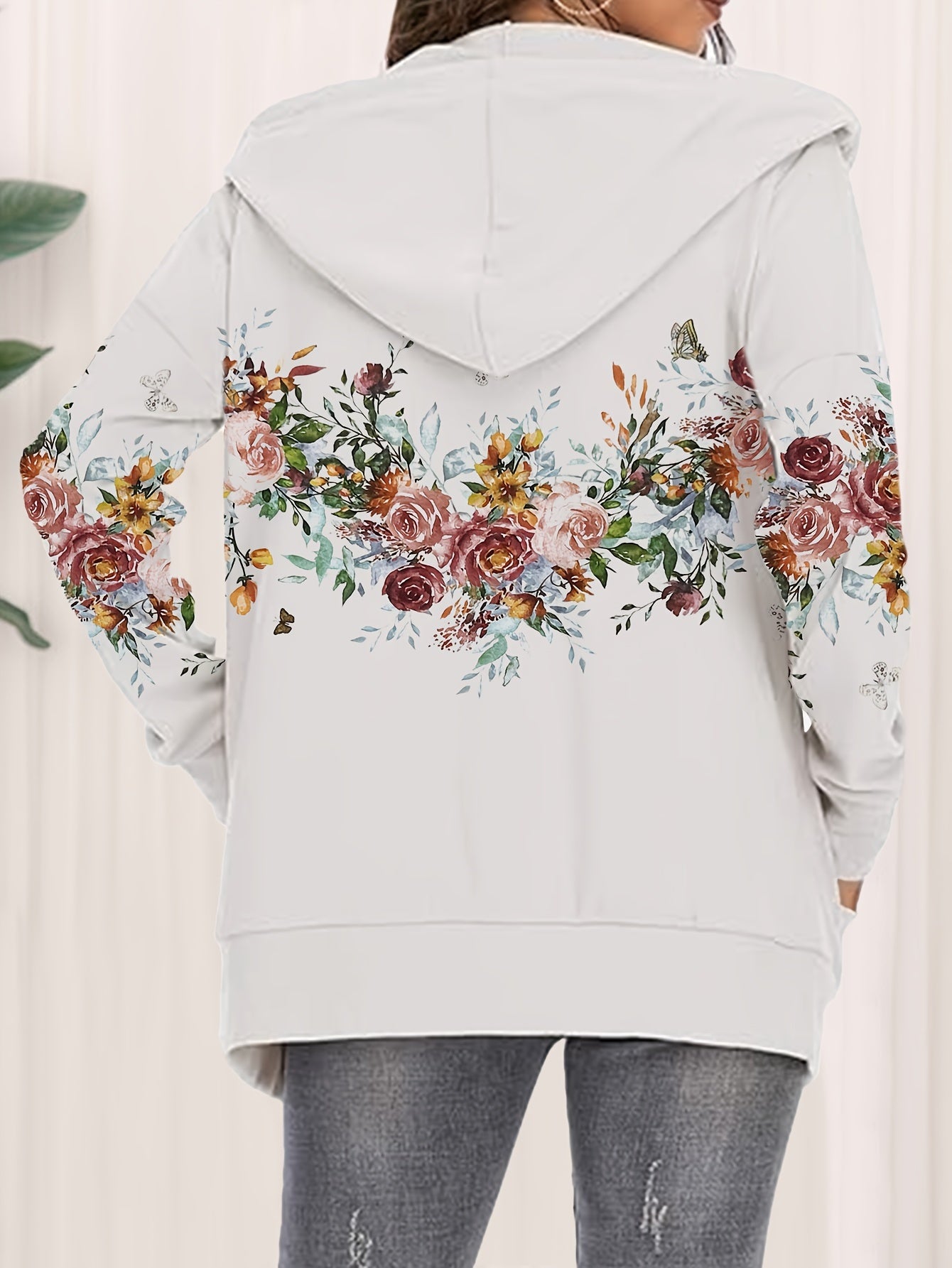 Floral Print Kangaroo Pocket Hoodie, Casual Long Sleeve Zip Up Drawstring Hoodies Sweatshirt, Women's Clothing