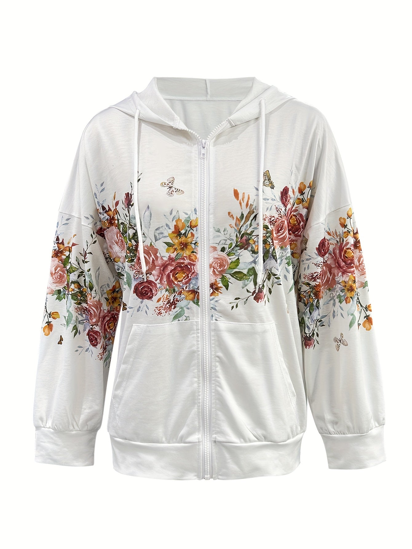 Floral Print Kangaroo Pocket Hoodie, Casual Long Sleeve Zip Up Drawstring Hoodies Sweatshirt, Women's Clothing