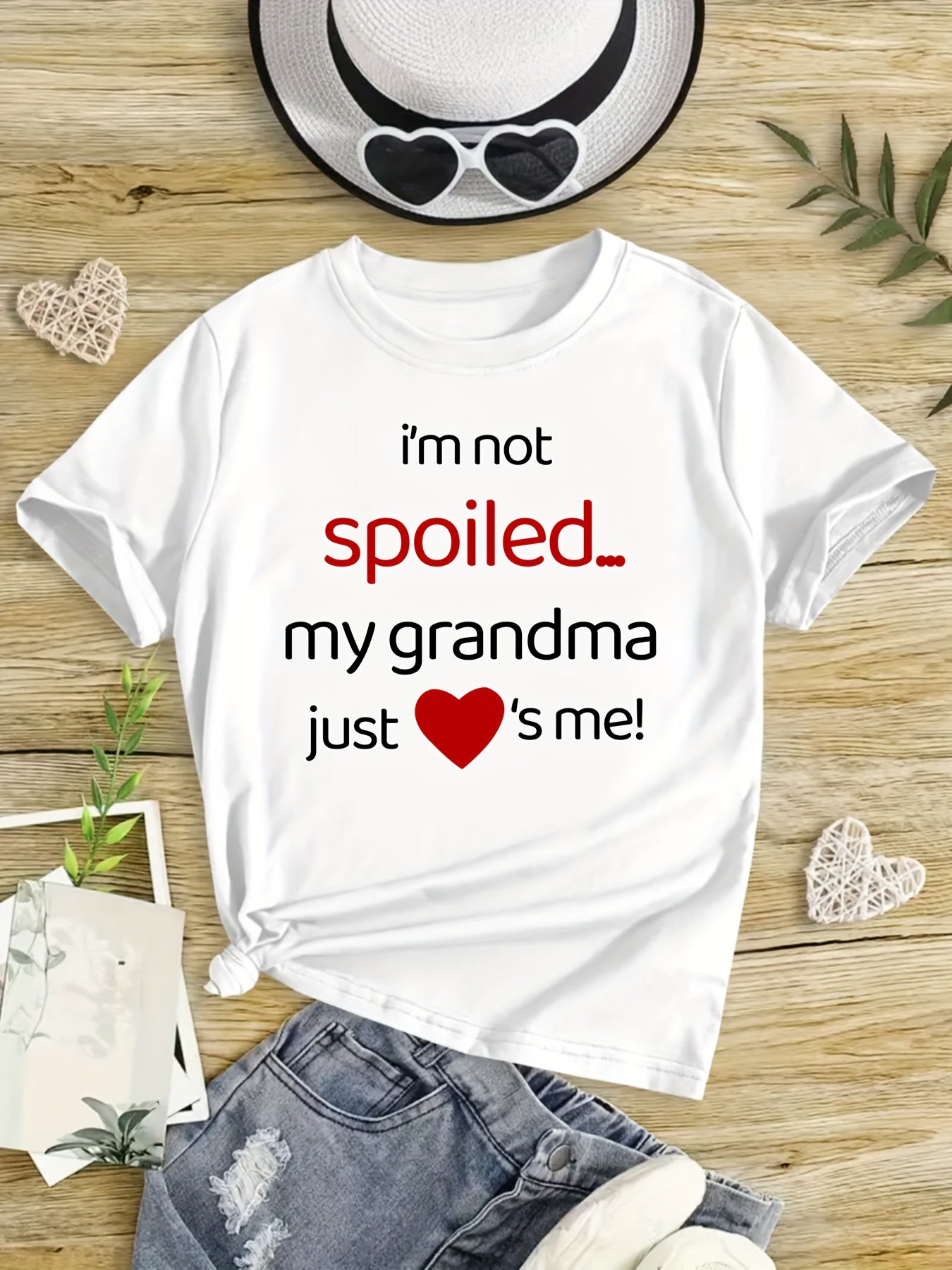 "My Grandma Just Loves Me" Girls' Positioning Printed T-shirts, Classic Crew Neck Short Sleeve T-Shirts, Comfortable & Stylish Tops For Summer, Spring & Fall, Kid T-shirt For Casual Everyday Wear, Ideal Gift For Girls
