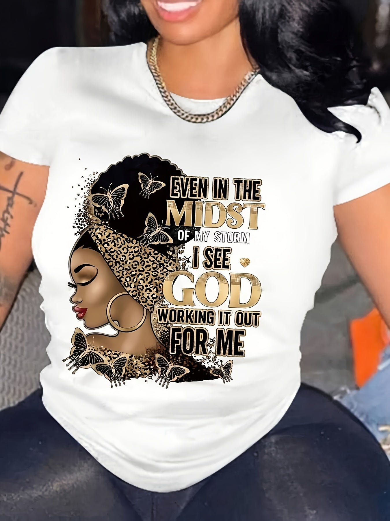 Trendy Plus Size God Letter Print Tee - Casual Crew Neck Short Sleeve T-Shirts for Women - Comfortable, Relaxed Fit, Summer Fashion Essential